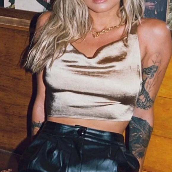 Princess Polly Raelynn Satin Brown Cowl Neck Cross Lace Up Back Halter Crop Top - Picture 4 of 6